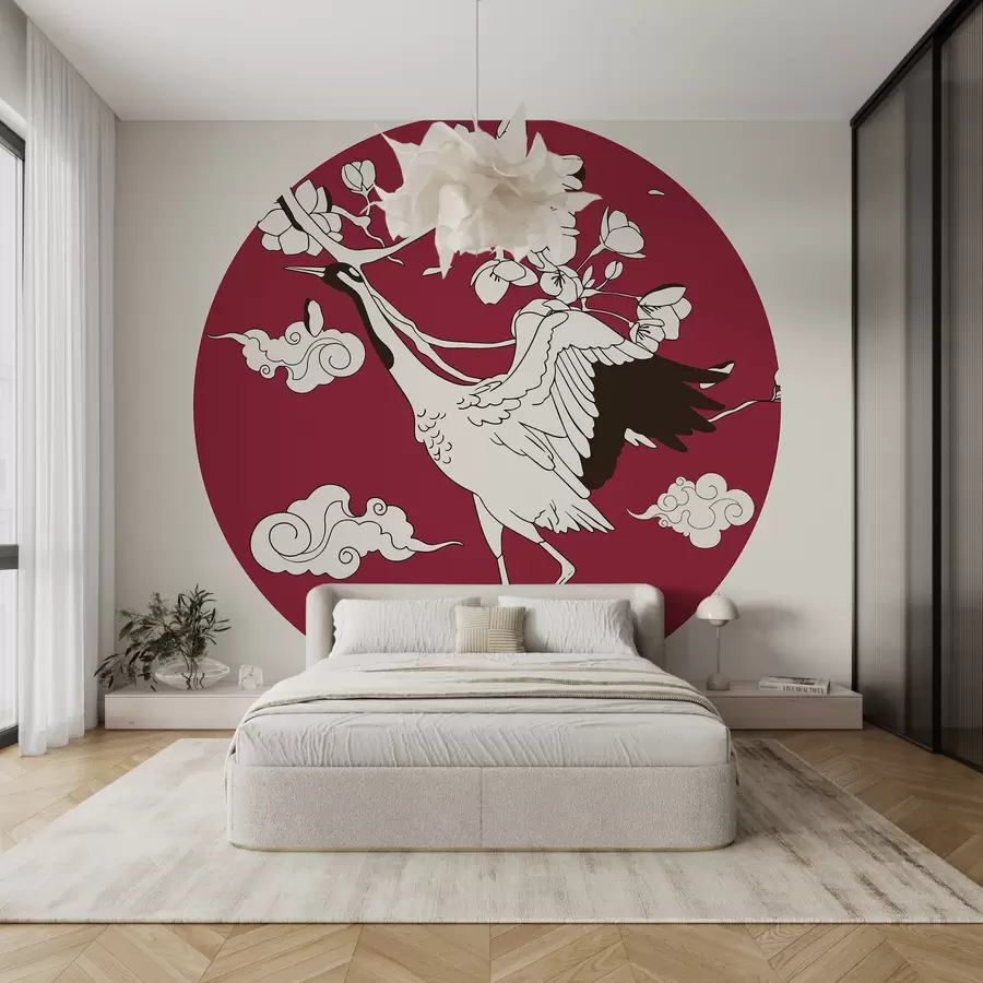 Valokuvatapetti Piirustus ympyrään, kukkia, pilviä japanilaiseen tyyliin, kurki, punainen osa w02538v1