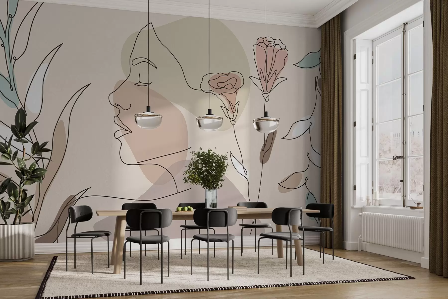 Valokuvatapetti Tyttö viivojen kanssa, värikkäitä kukkia w02543