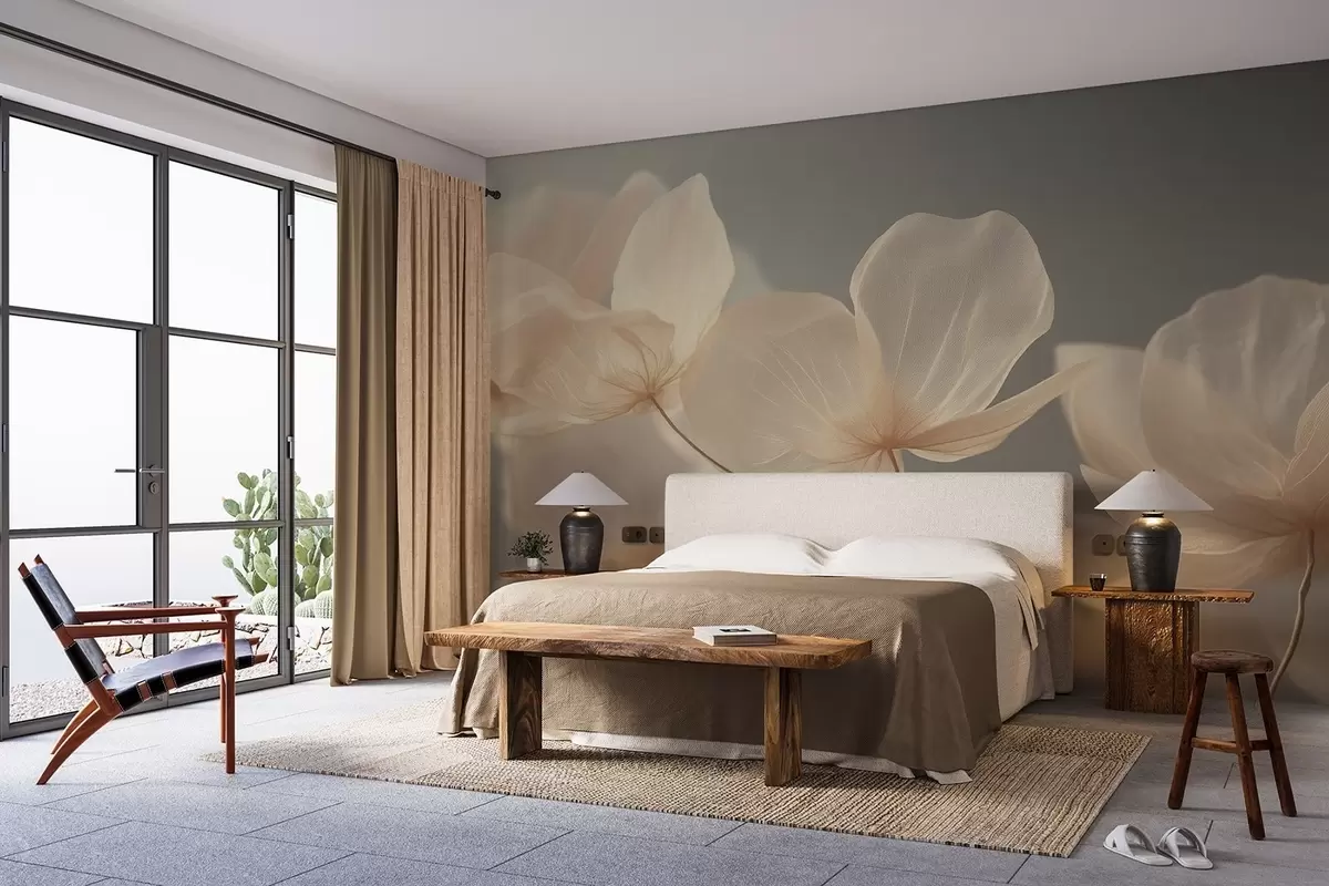 Valokuvatapetti Lootuksen terälehdet, herkkä koostumus harmaalla taustalla w08500v2