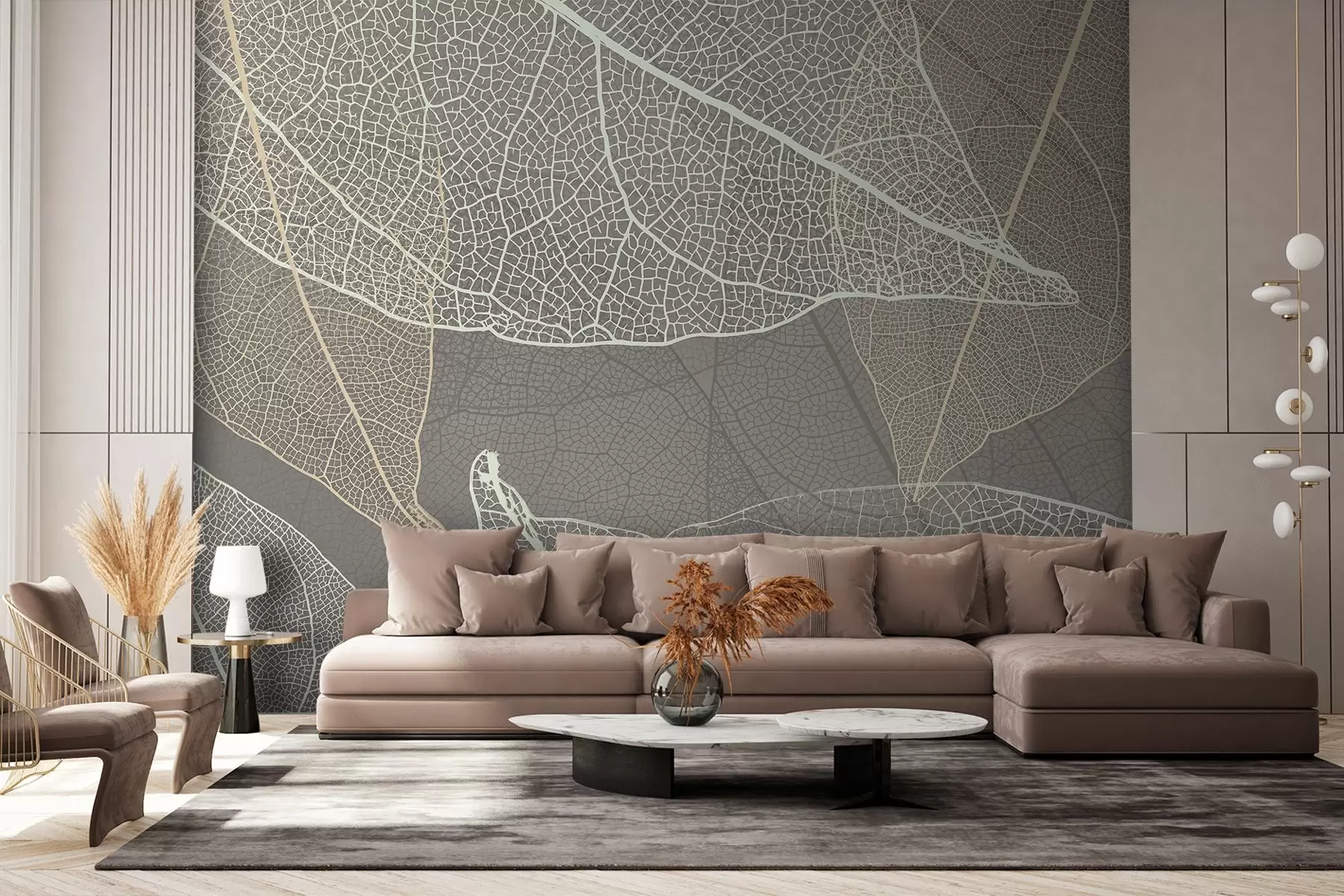 Valokuvatapetti lähikuva lehdistä, joiden suonet ovat lämpimän harmaan sävyjä w02520v2