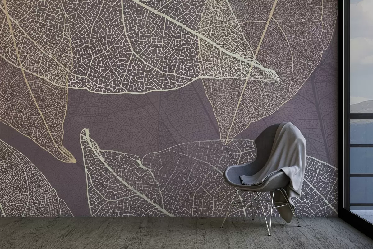 Valokuvatapetti lähikuva lehdistä, joiden suonet ovat violetinharmaita w02520v3