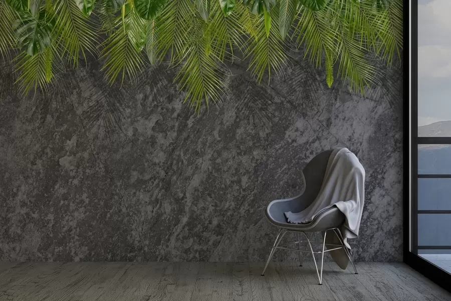 Valokuvatapetti trooppiset lehdet kivijäljitelmän taustalla w02547