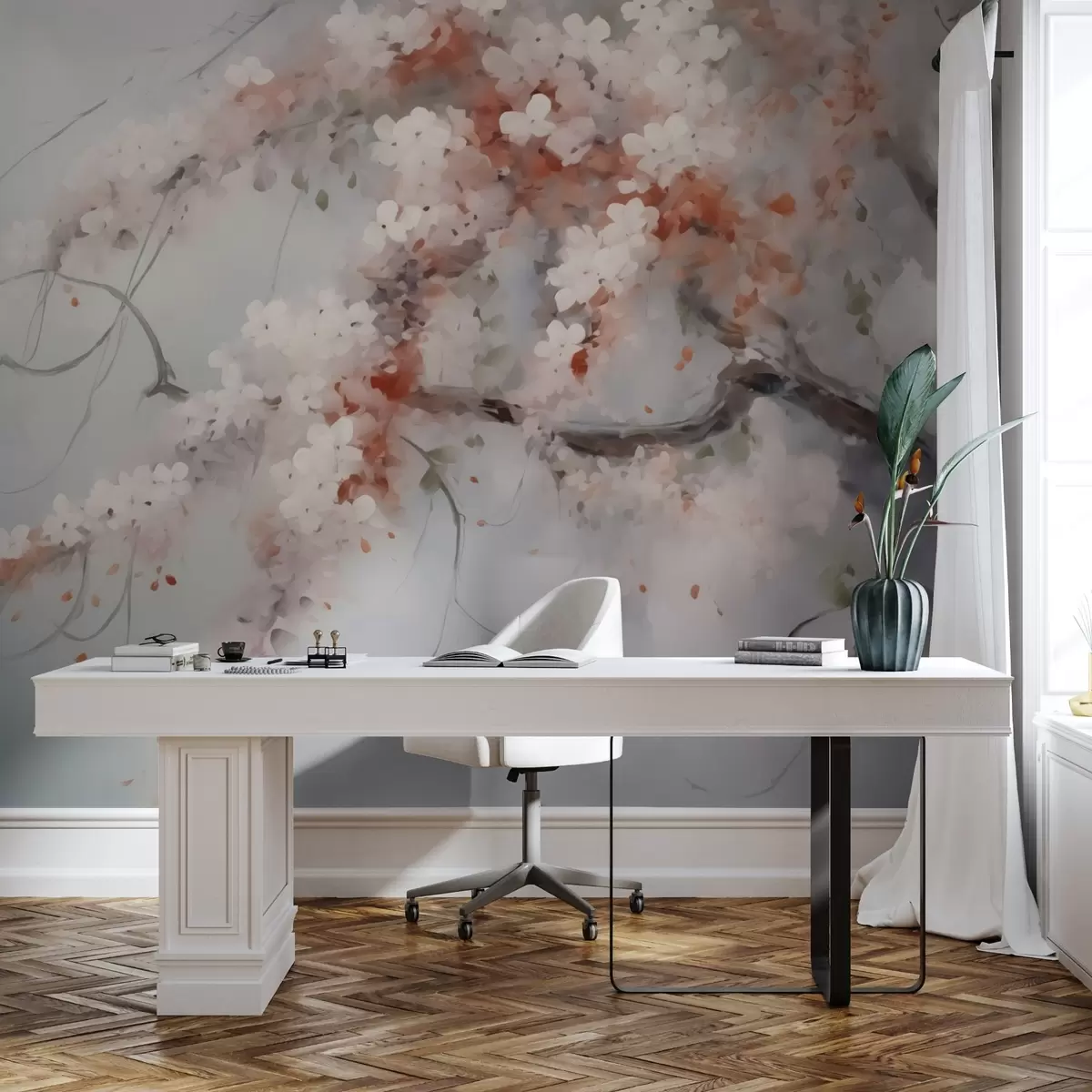 Valokuvatapetti Abstrakti haara valkoisia ja punaisia kukkia jäljitelmä maalaus w02594