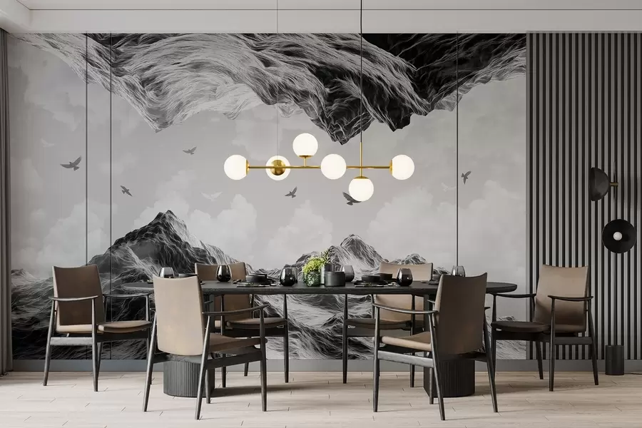 Valokuvatapetti Vuoristomaisema, realismi, lentävät linnut, luonto, pilvet, mustavalkoiset värit w02514