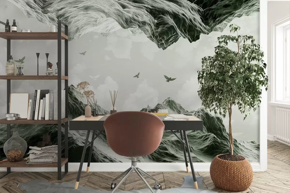 Valokuvatapetti Vuoristomaisema, realismi, lentävät linnut, luonto, pilvet, vihreät värit w02514v3