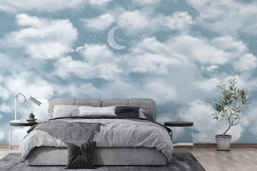 Valokuvatapetti Tähtitaivas kuun ja pilvien kanssa, unenomainen, eteerinen, pehmeät siniset värit w02515v1