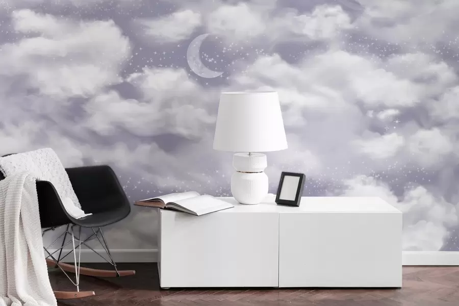 Valokuvatapetti Tähtitaivas kuun ja pilvien kanssa, unenomainen, eteerinen, pehmeät violetit värit w02515v4