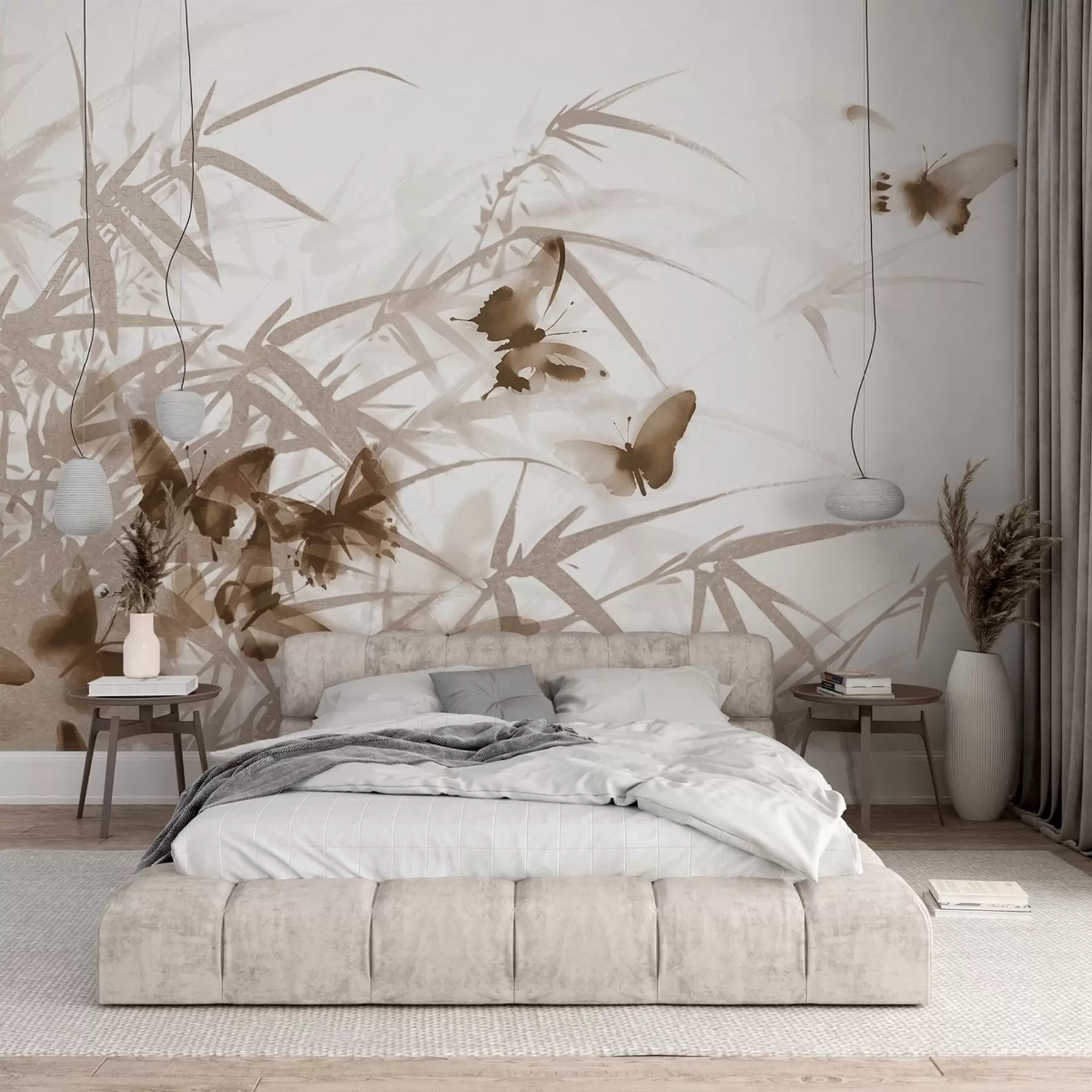 Valokuvatapetti Teksturaalinen bambun lehtiä ja varret lentävät ruskea perhosia läpinäkyvä siivet w08524v1