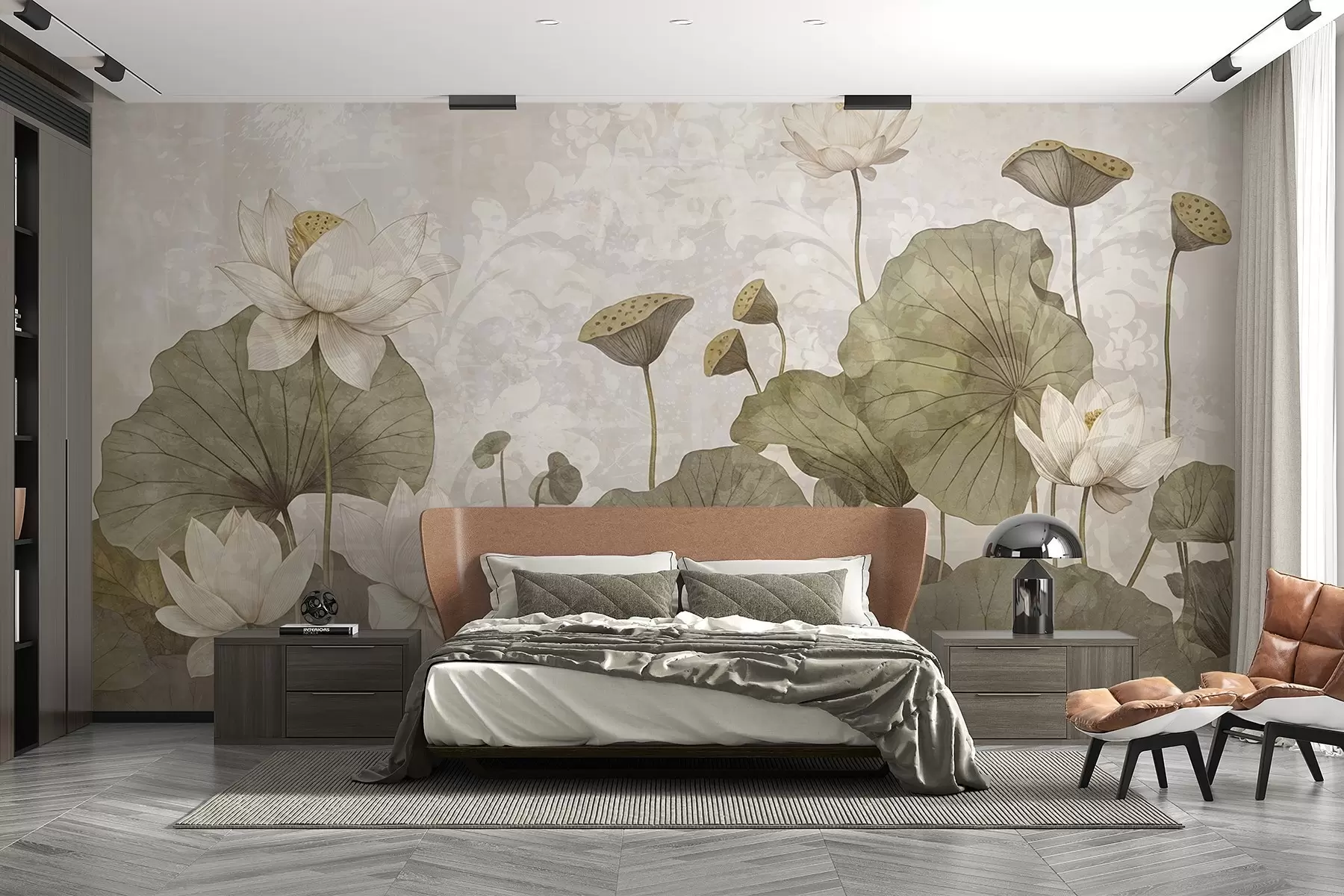 Valokuvatapetti Valkoisia lootuskukkia ja suuria vihreitä lehtiä pehmeällä, hämärtyneellä, beigen sävyisellä taustalla w08527