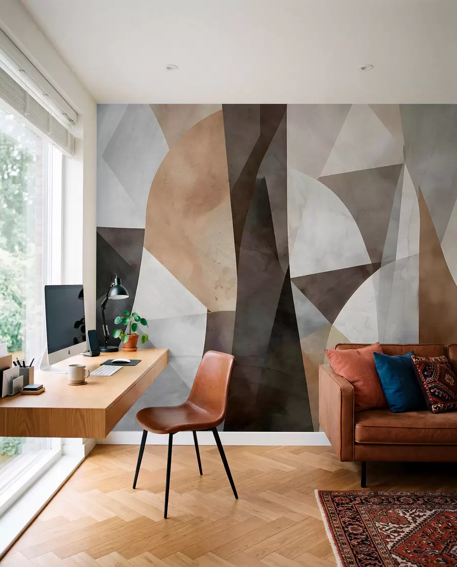 Valokuvatapetti Abstraktia modernia taidetta teksturaalinen geometrisia muotoja sävyjä ruskea, harmaa ja beige w08530