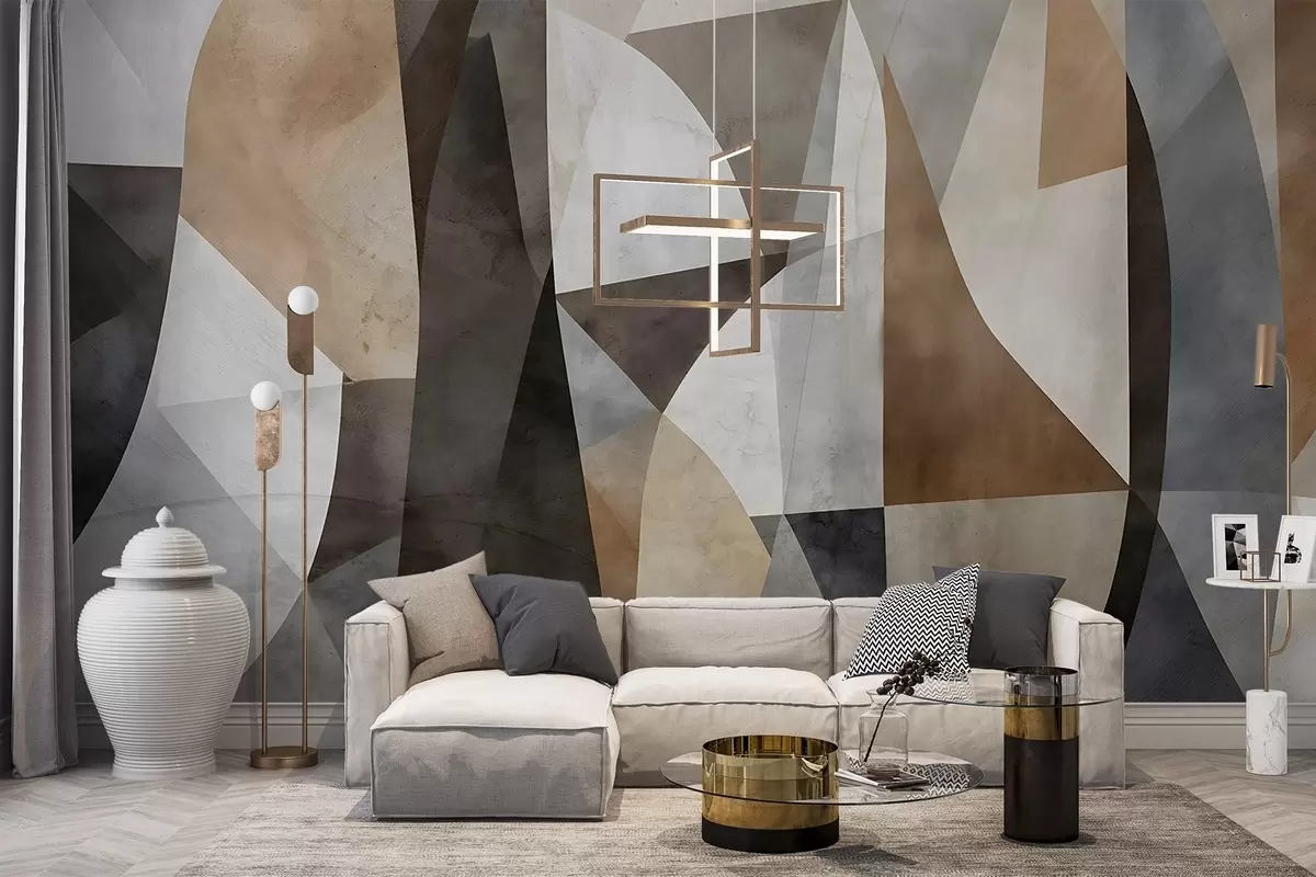 Valokuvatapetti Abstraktia modernia taidetta teksturaalinen geometrisia muotoja sävyjä ruskea, harmaa ja beige w08530