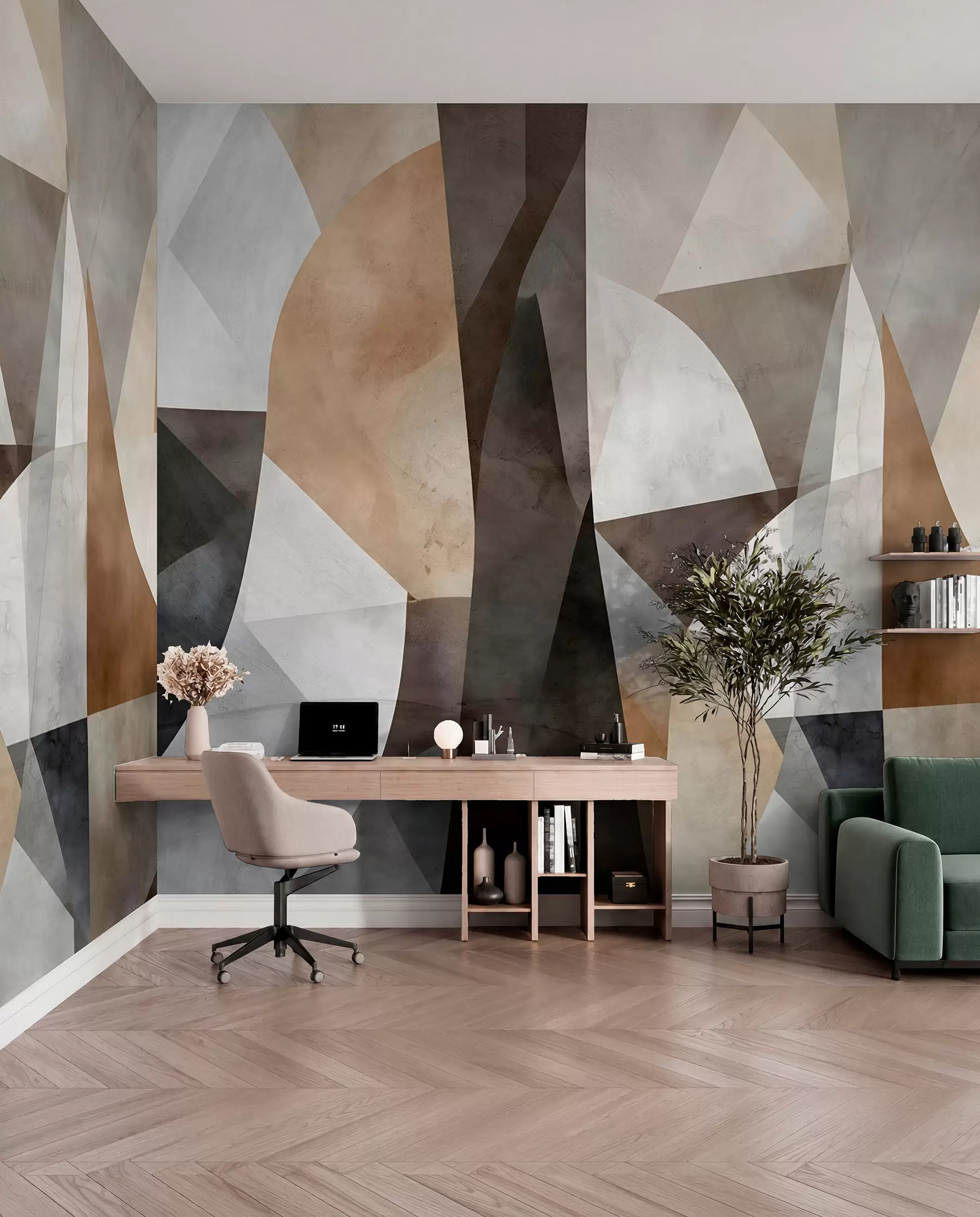 Valokuvatapetti Abstraktia modernia taidetta teksturaalinen geometrisia muotoja sävyjä ruskea, harmaa ja beige w08530
