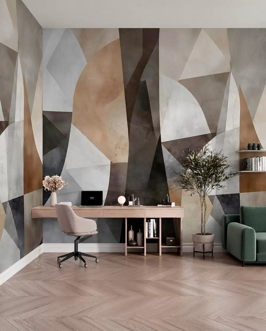 Valokuvatapetti Abstraktia modernia taidetta teksturaalinen geometrisia muotoja sävyjä ruskea, harmaa ja beige w08530