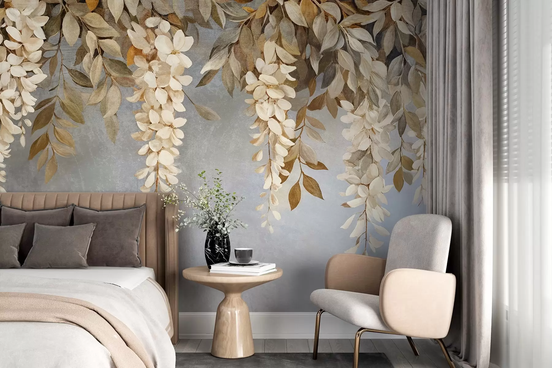 Valokuvatapetti Hienovarainen valkoinen ja vaalean beige wisteria kukkia ja lehtien kaskading alas vastaan pehmeä harmaa tausta w08531