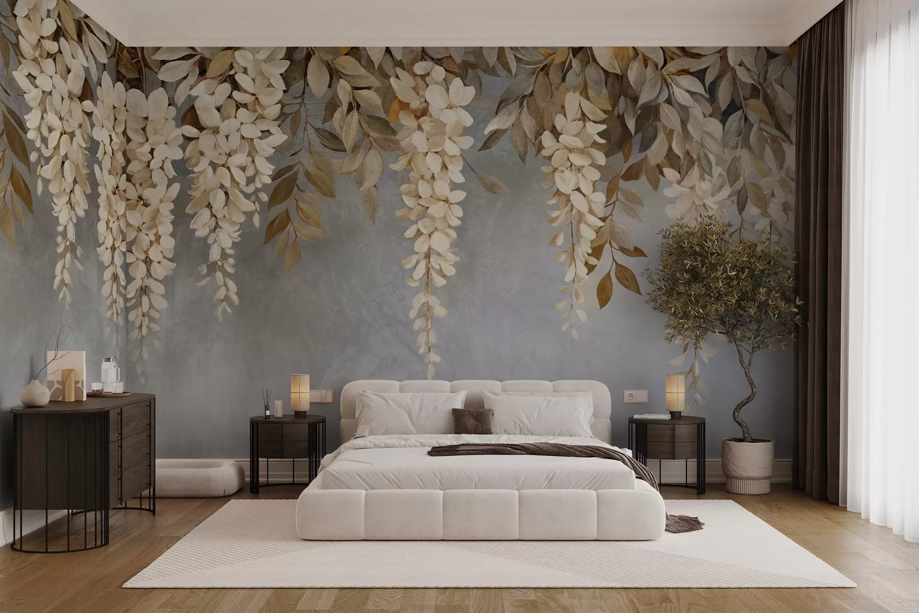 Valokuvatapetti Hienovarainen valkoinen ja vaalean beige wisteria kukkia ja lehtien kaskading alas vastaan pehmeä harmaa tausta w08531