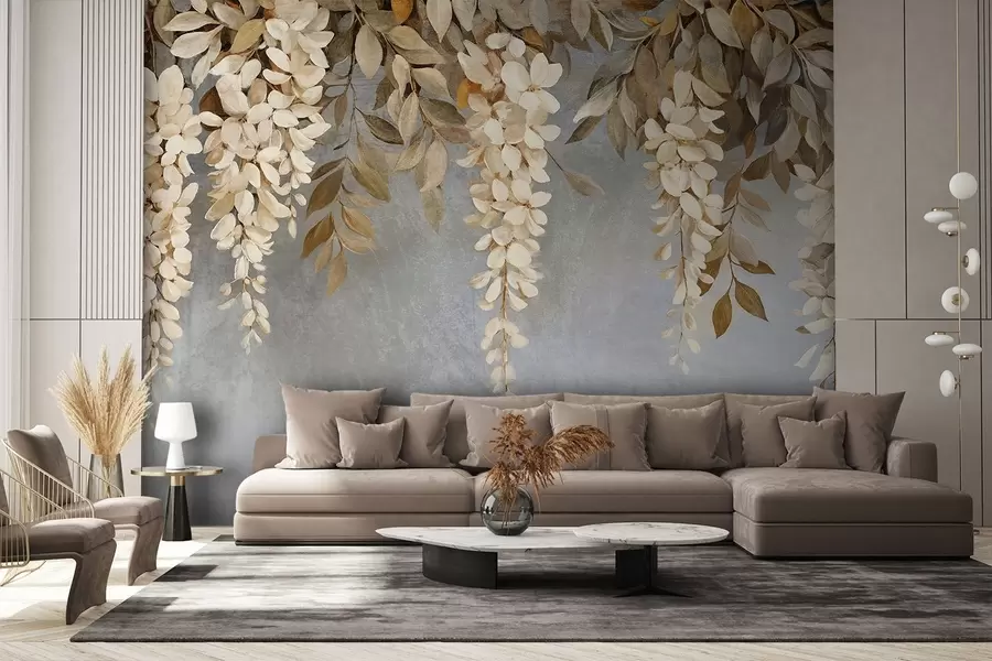 Valokuvatapetti Hienovarainen valkoinen ja vaalean beige wisteria kukkia ja lehtien kaskading alas vastaan pehmeä harmaa tausta w08531