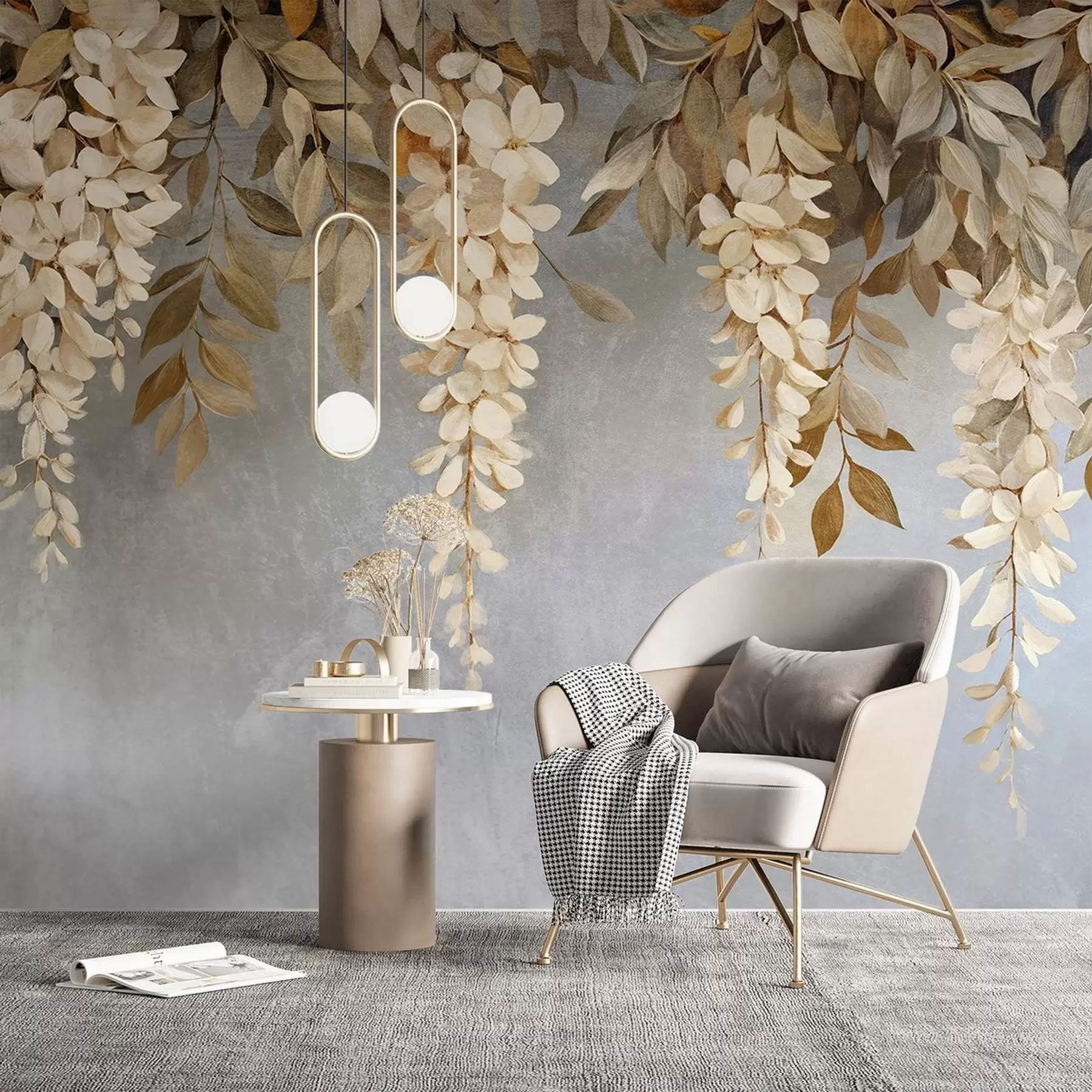 Valokuvatapetti Hienovarainen valkoinen ja vaalean beige wisteria kukkia ja lehtien kaskading alas vastaan pehmeä harmaa tausta w08531