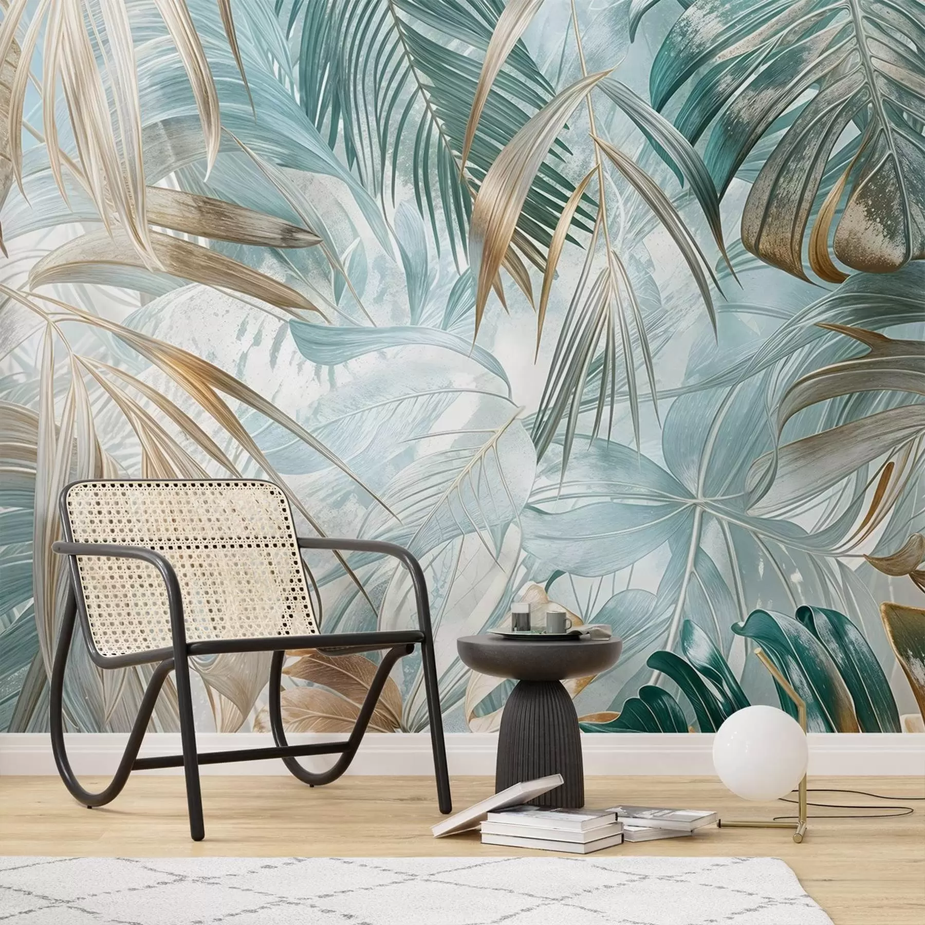 Valokuvatapetti Trooppinen abstrakti kukkakuvio, jossa on suuria palmunlehtiä sinisen ja beigen sävyissä, luo rehevän tunnelman w08532