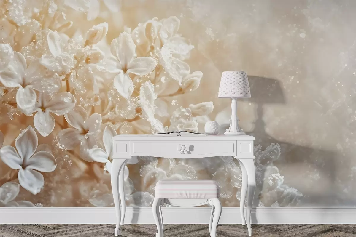 Valokuvatapetti Hienovaraisia valkoisia lilanvärisiä kukkia pehmeällä, keltaisella sumealla taustalla w08533