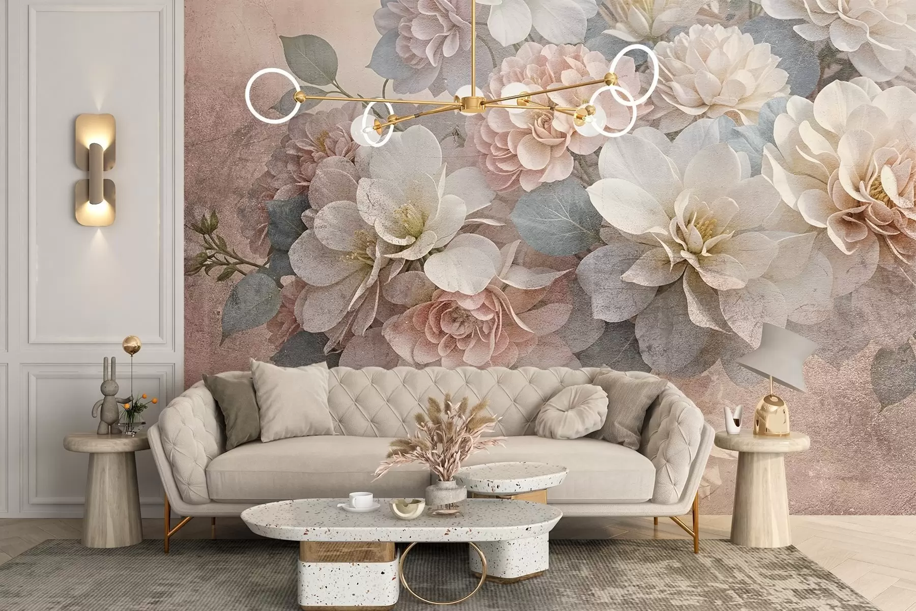 Valokuvatapetti Pehmeä tekstuuripainatus, jossa on persikkaisia ja valkoisia pionikukkia ja vihreitä lehtiä beigellä pohjalla w08534