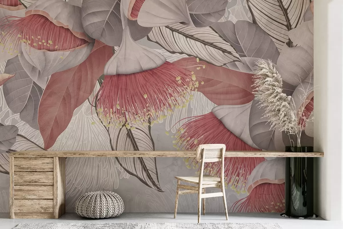 Valokuvatapetti Kasvitieteellinen kuvitus suurista, eucaliptus-kukista, joissa on pitkät heteet harmaata ja valkoista taustaa vasten w08539