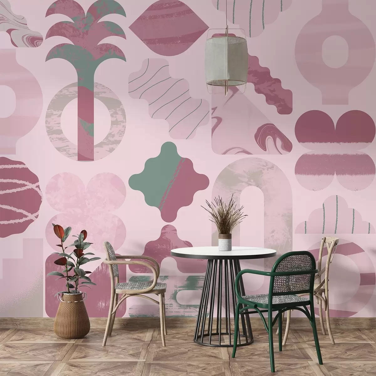 Valokuvatapetti erilaisia mielenkiintoisia muotoja, modernia geometriaa vaaleanpunaisissa väreissä w02550