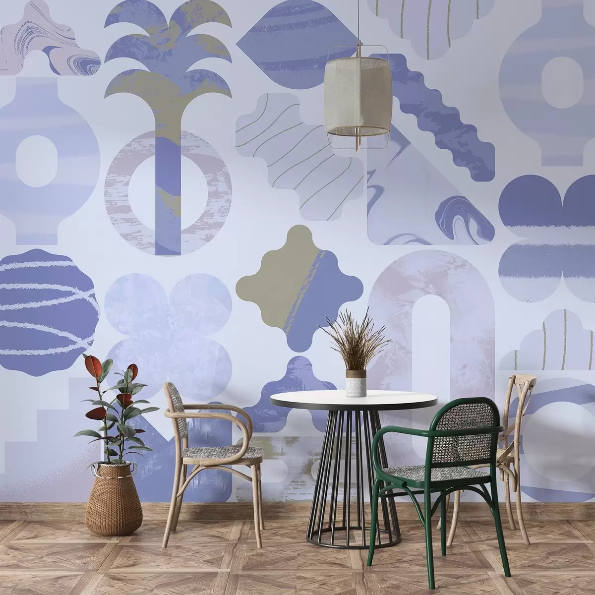 Valokuvatapetti erilaisia mielenkiintoisia muotoja, modernia geometriaa sinisissä sävyissä w02550v1