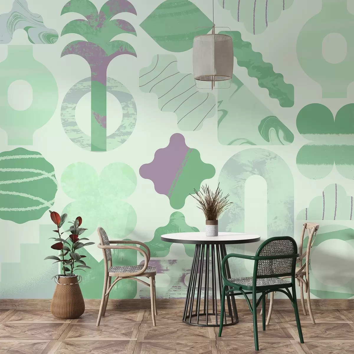 Valokuvatapetti erilaisia mielenkiintoisia muotoja, modernia geometriaa vihreissä väreissä w02550v2