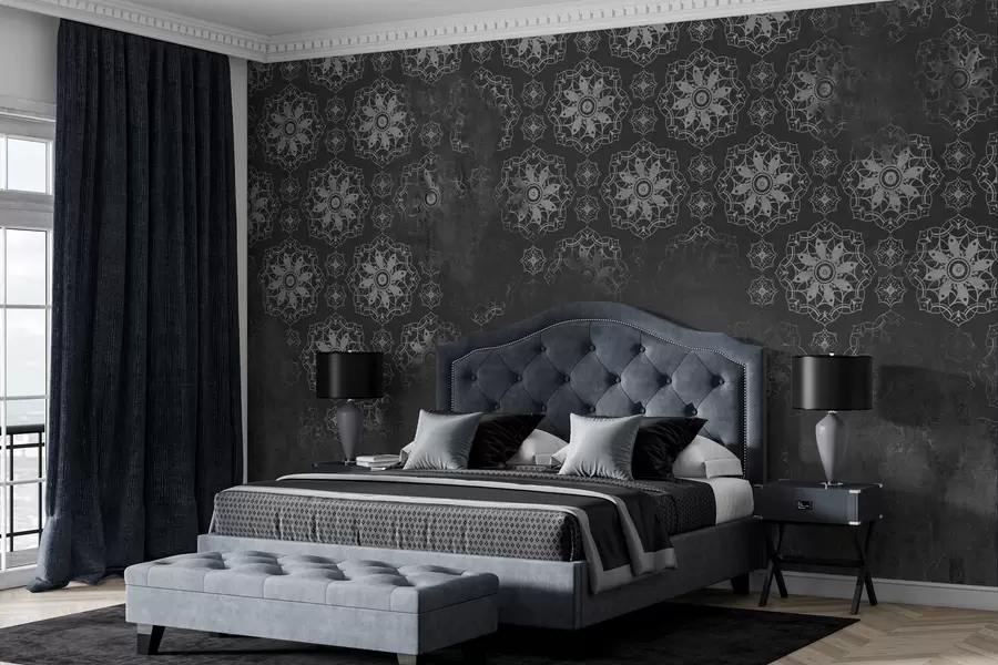 Valokuvatapetti Vintage-muotoilu, jossa on mandala-elementtejä ja harmaata ahdistunutta jälkeä w02551v1