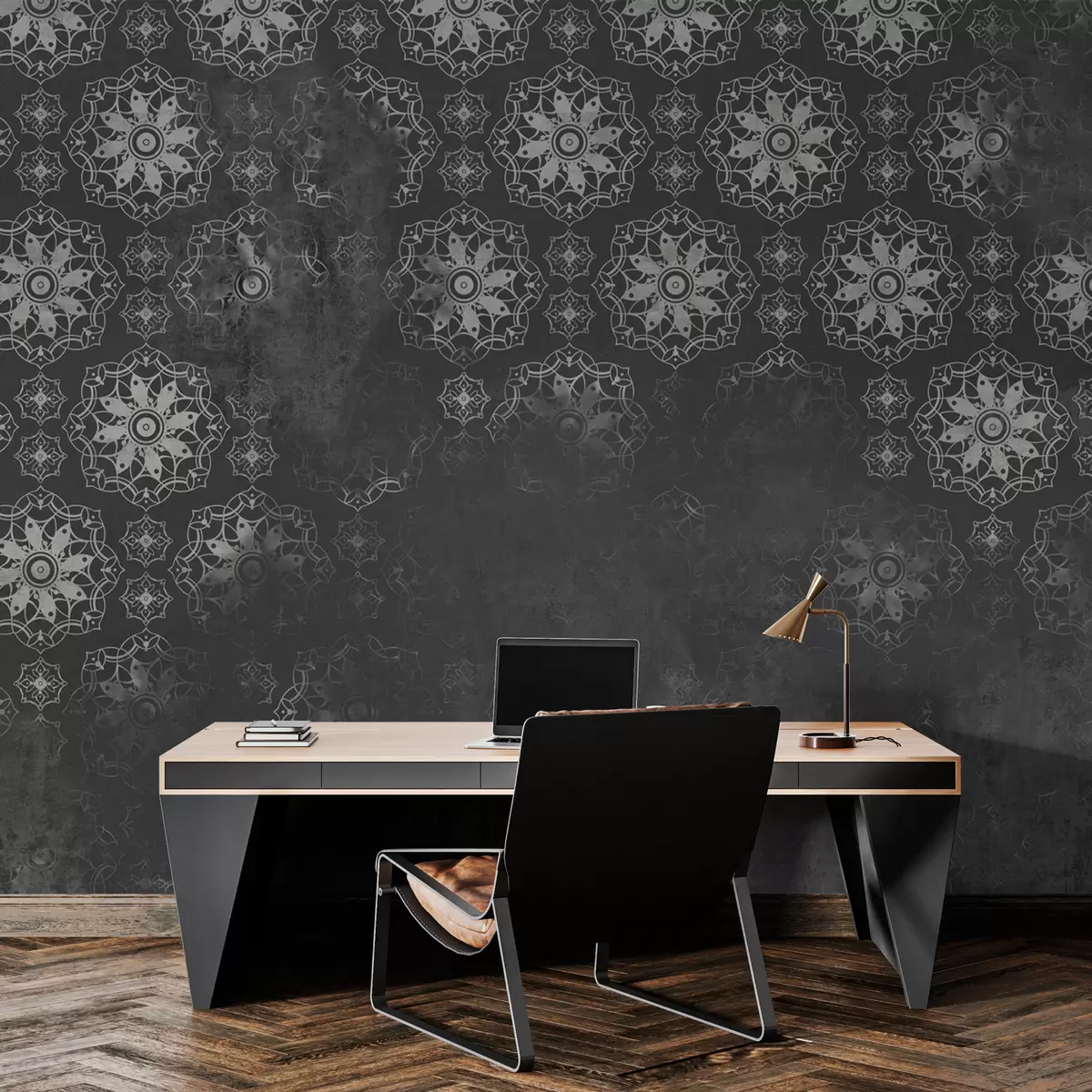 Valokuvatapetti Vintage-muotoilu, jossa on mandala-elementtejä ja harmaata ahdistunutta jälkeä w02551v1