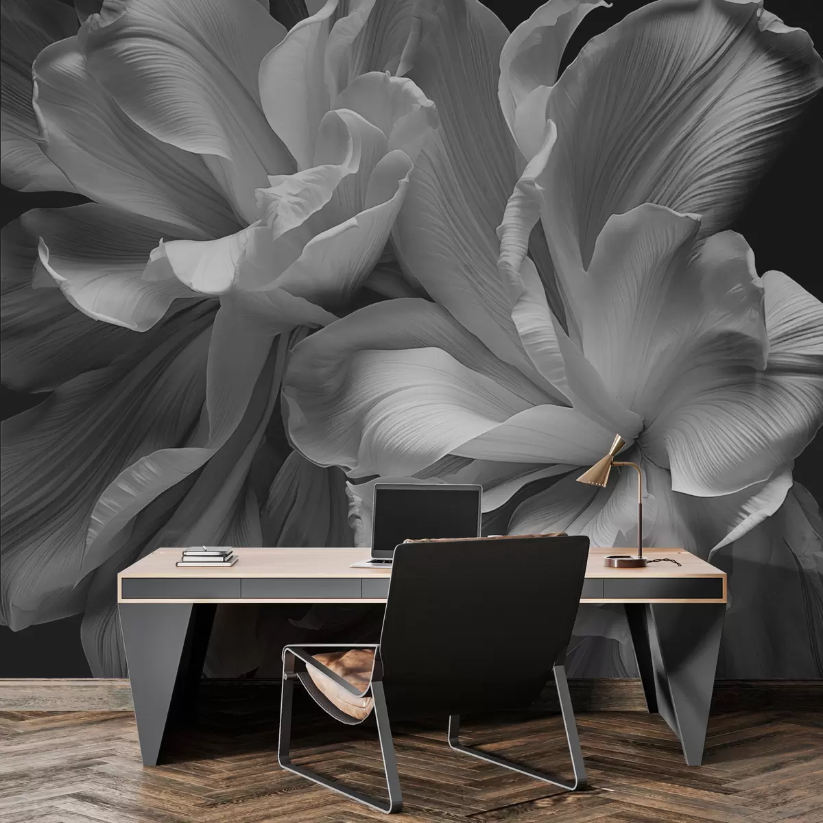 Valokuvatapetti Suuri kukka terälehdet musta ja valkoinen w02554