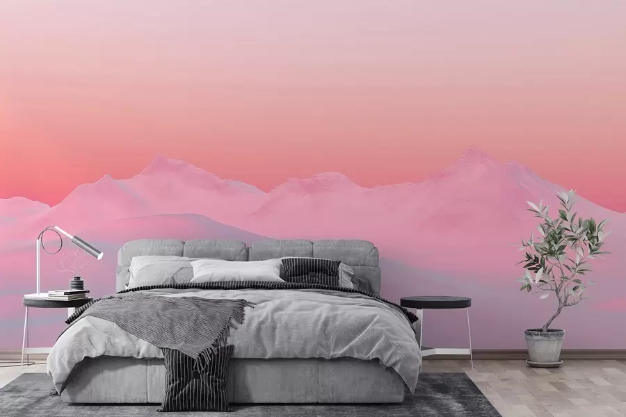 Valokuvatapetti Pehmeä vadelmanvärinen auringonlasku vuorten ja taivaan taustaa vasten w02234