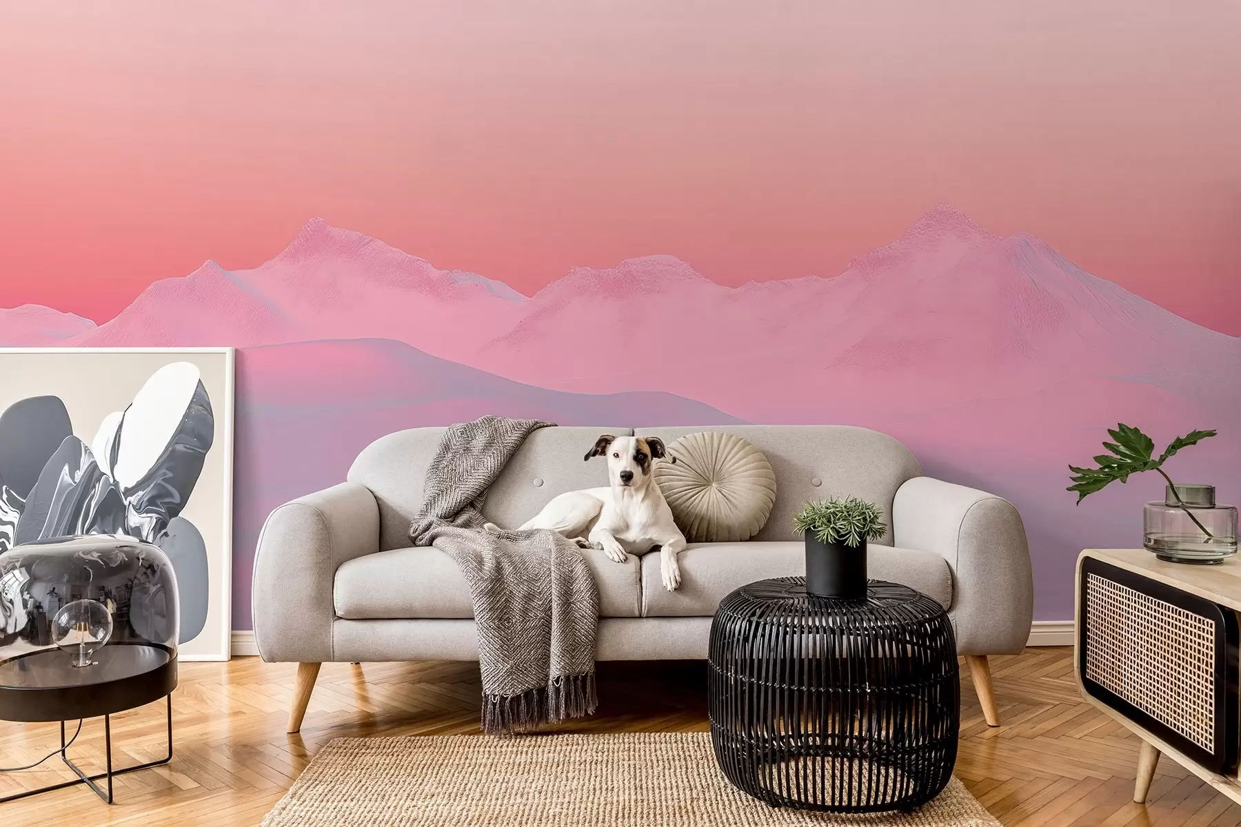 Valokuvatapetti Pehmeä vadelmanvärinen auringonlasku vuorten ja taivaan taustaa vasten w02234