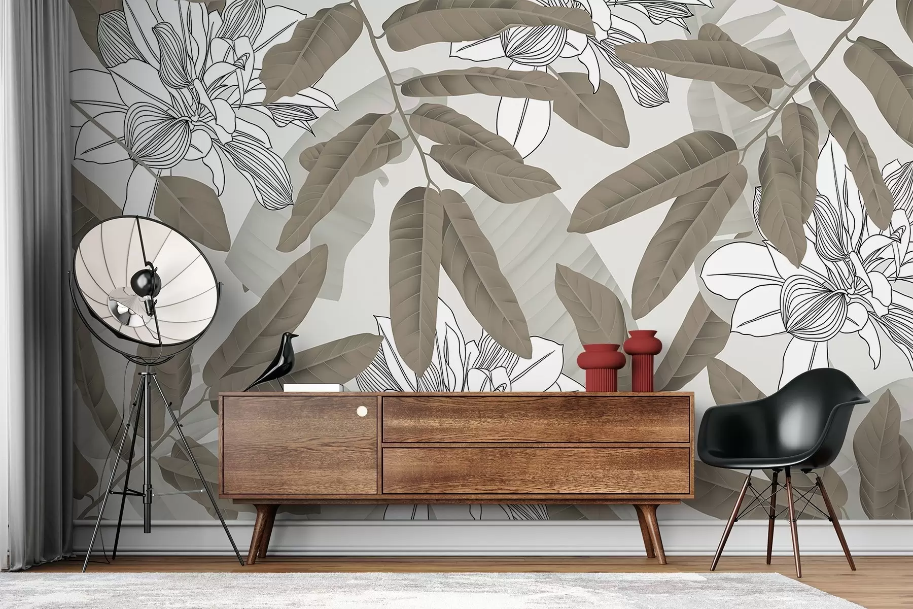 Valokuvatapetti ruskeita lehtiä ja valkoisia maalattuja kukkia w02669