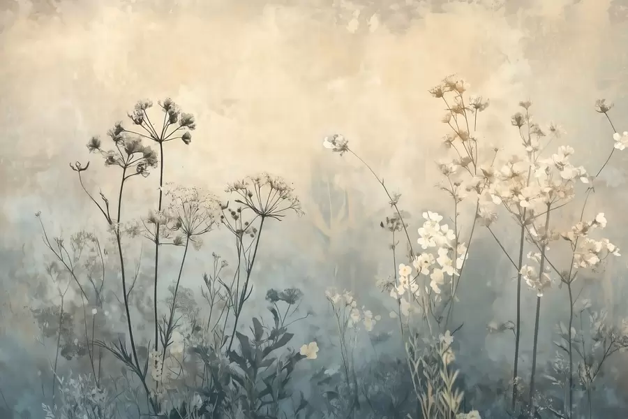 Valokuvatapetti ekotyylinen tapetti, jossa on luonnonkukkia ja kasveja kuvioidulla taustalla w02685