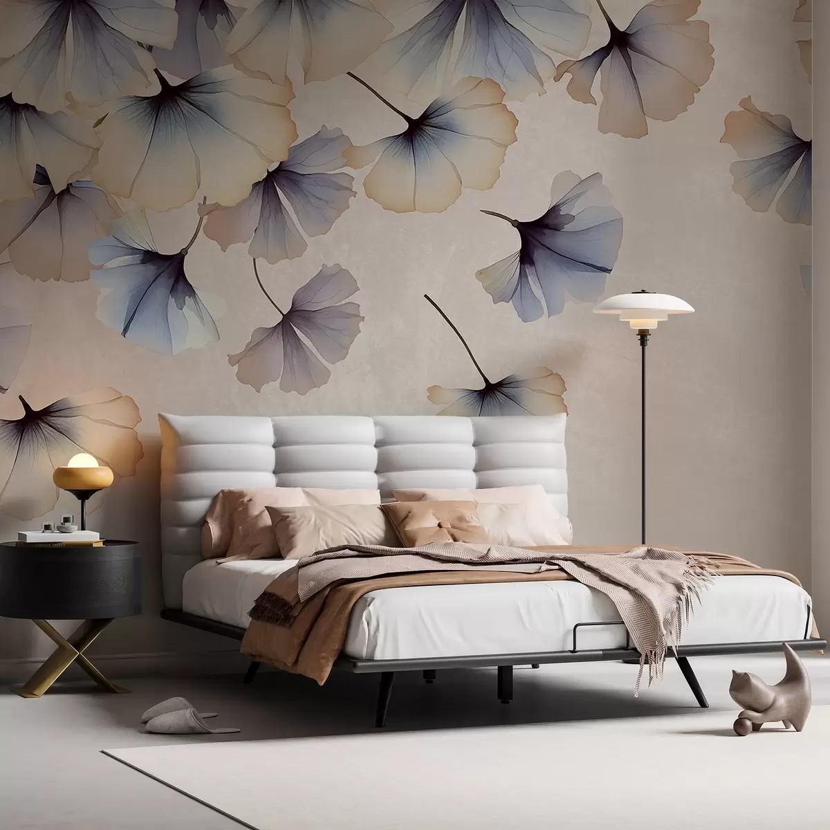 Valokuvatapetti Pastellisävyiset siniset ja beiget ginkgolehdet, joiden hennot terälehdet leijuvat ilmassa tekstuuritaustaa vasten w08578