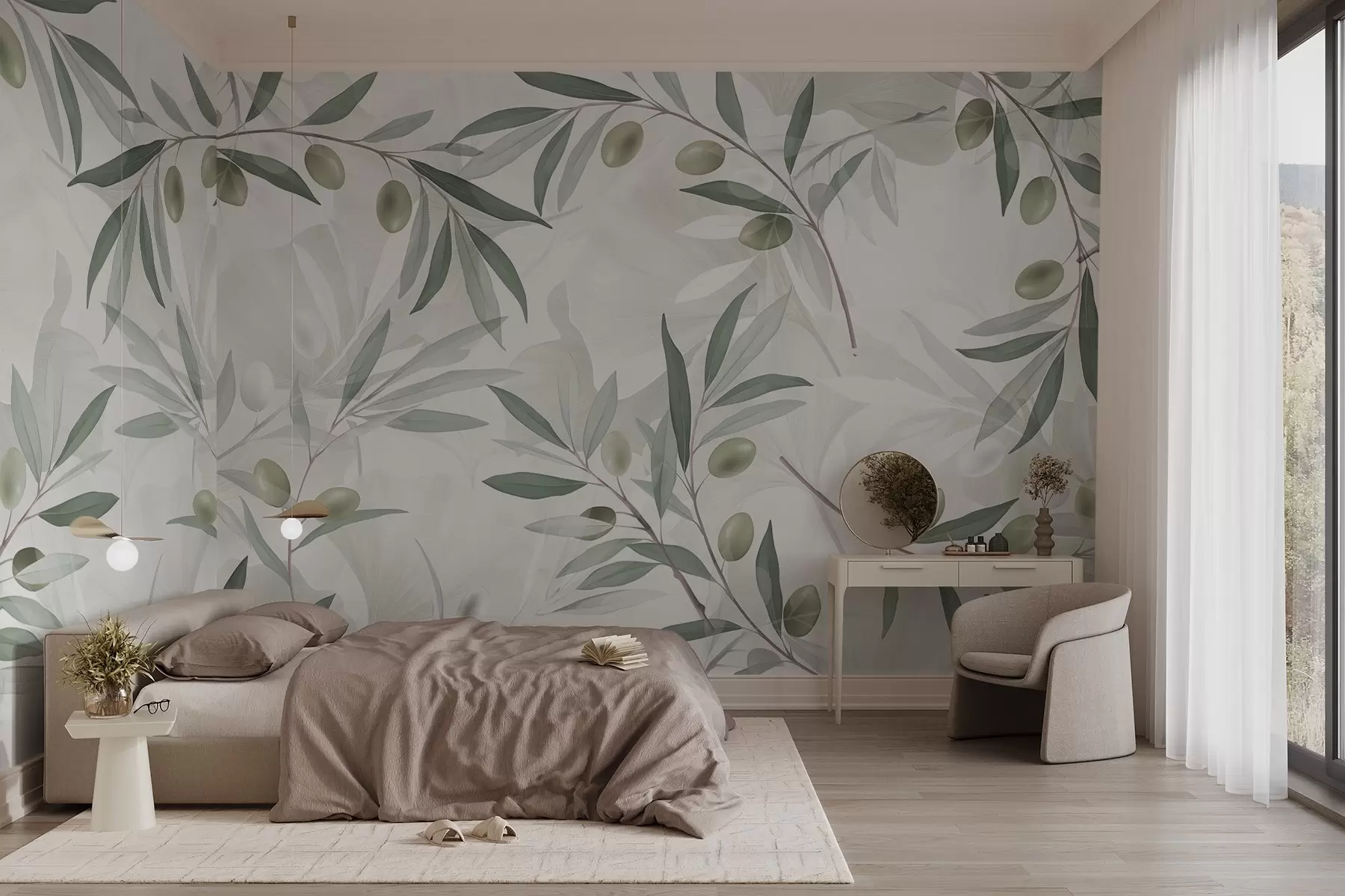 Valokuvatapetti Oliivin oksat, vihreät lehdet ja oliivit vaalealla taustalla w08576