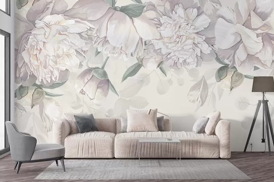 Valokuvatapetti Herkät valkoiset ja vaaleanpunaiset pastellipionit ja vihreät lehdet, jotka on järjestetty pehmeään, romanttiseen kukkataustaan w08577