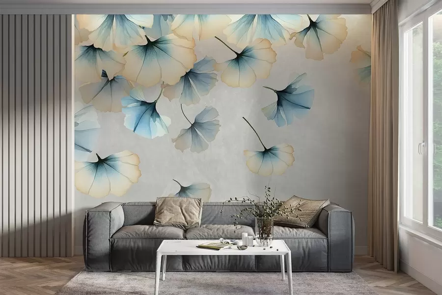 Valokuvatapetti Pastellisävyiset sinisen ja keltaisen ginkgon lehdet, joiden hennot terälehdet leijuvat ilmassa teksturaalista taustaa vasten w08578v1