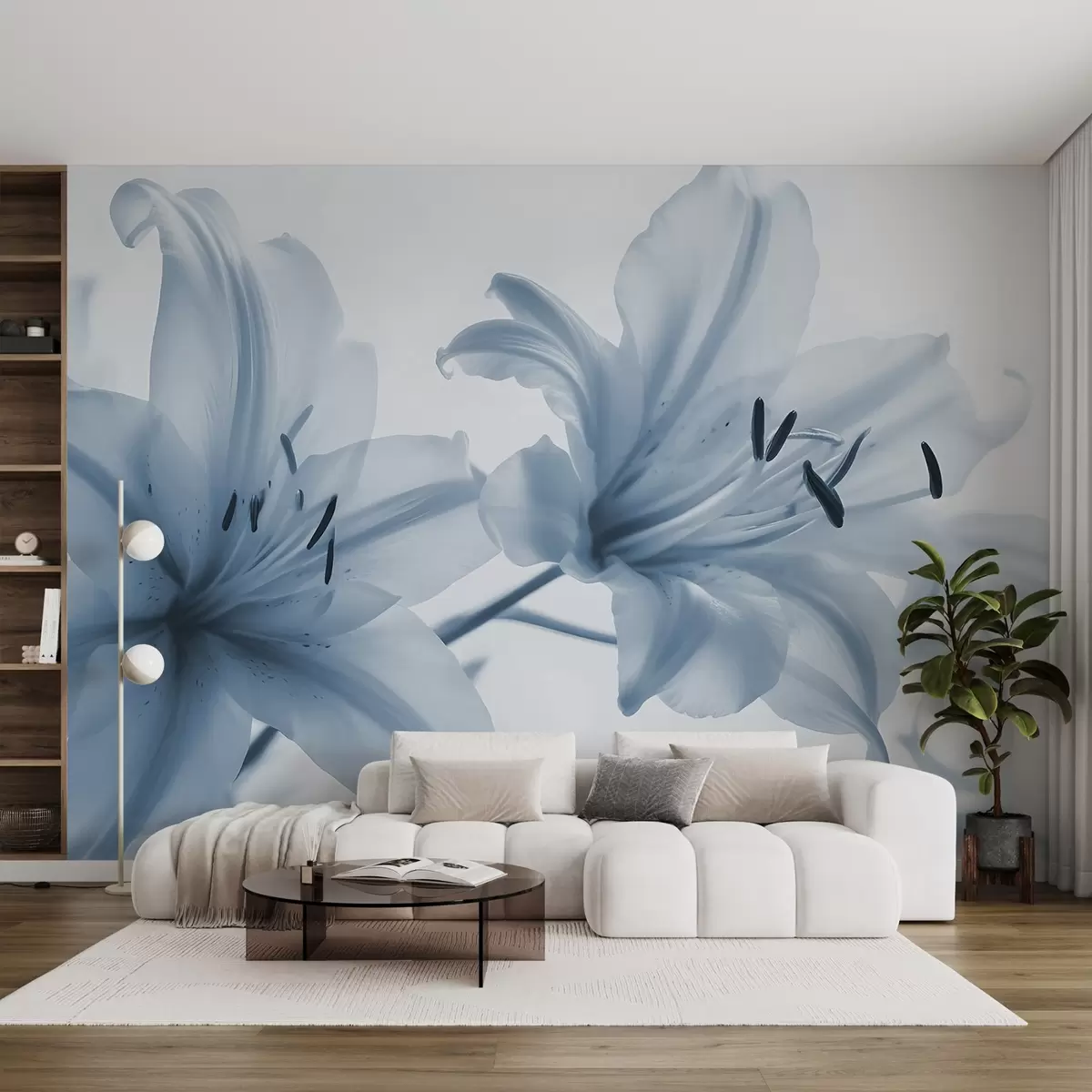 Valokuvatapetti Pehmeä tarkennus lähikuva sinisistä minimalistisista liljakukista vaaleaa taustaa vasten w08586