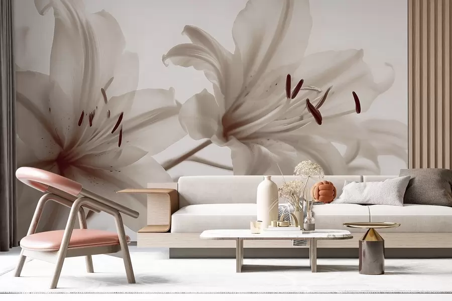 Valokuvatapetti Pehmeä tarkennus lähikuva beigeistä minimalistisista liljakukista vaaleaa taustaa vasten w08586v1