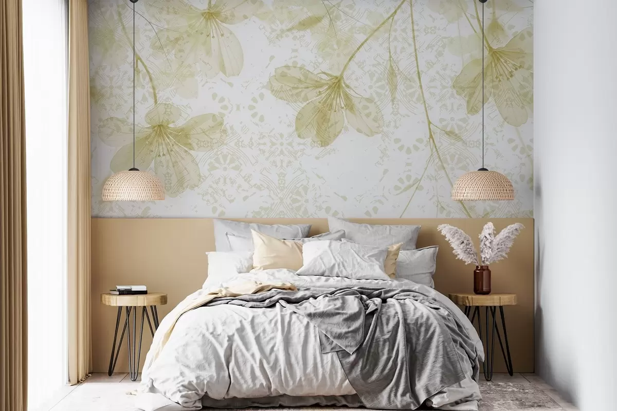 Valokuvatapetti Hienovaraisia keltaisia ja valkoisia kukkia, joissa on pitkät varret ja terälehdet pehmeää, sumeaa taustaa vasten w08588v2