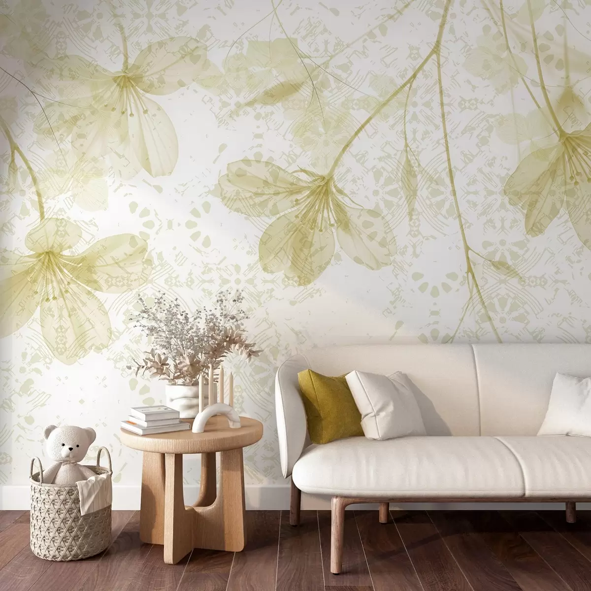 Valokuvatapetti Hienovaraisia keltaisia ja valkoisia kukkia, joissa on pitkät varret ja terälehdet pehmeää, sumeaa taustaa vasten w08588v2