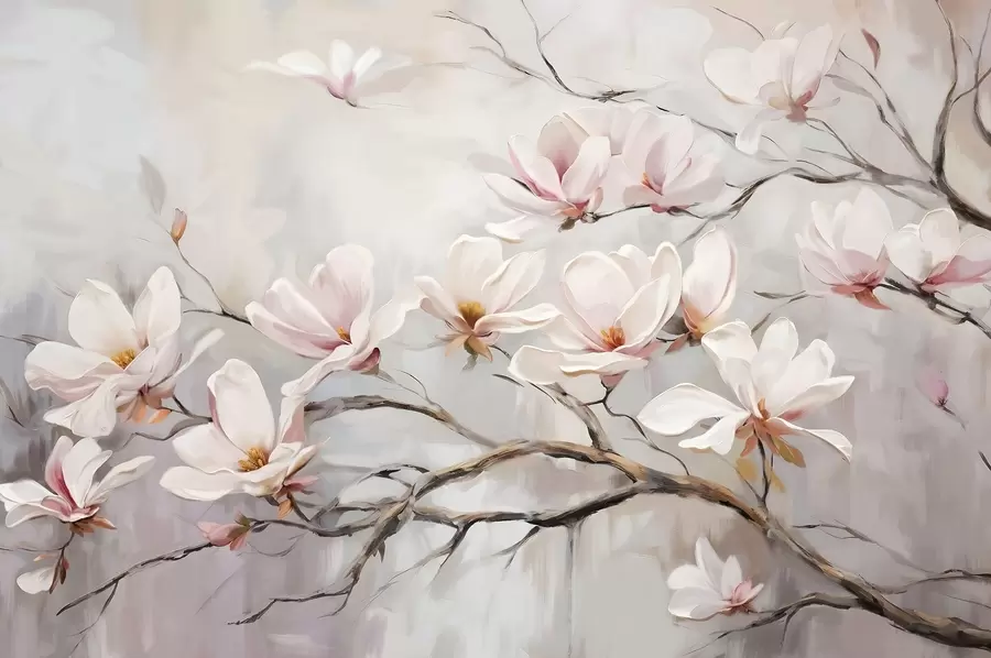Valokuvatapetti Hienovaraisia vaaleanpunaisia magnolian kukkia kukkivat paljailla puun oksilla pehmeää, sumuista taustaa vasten w08589