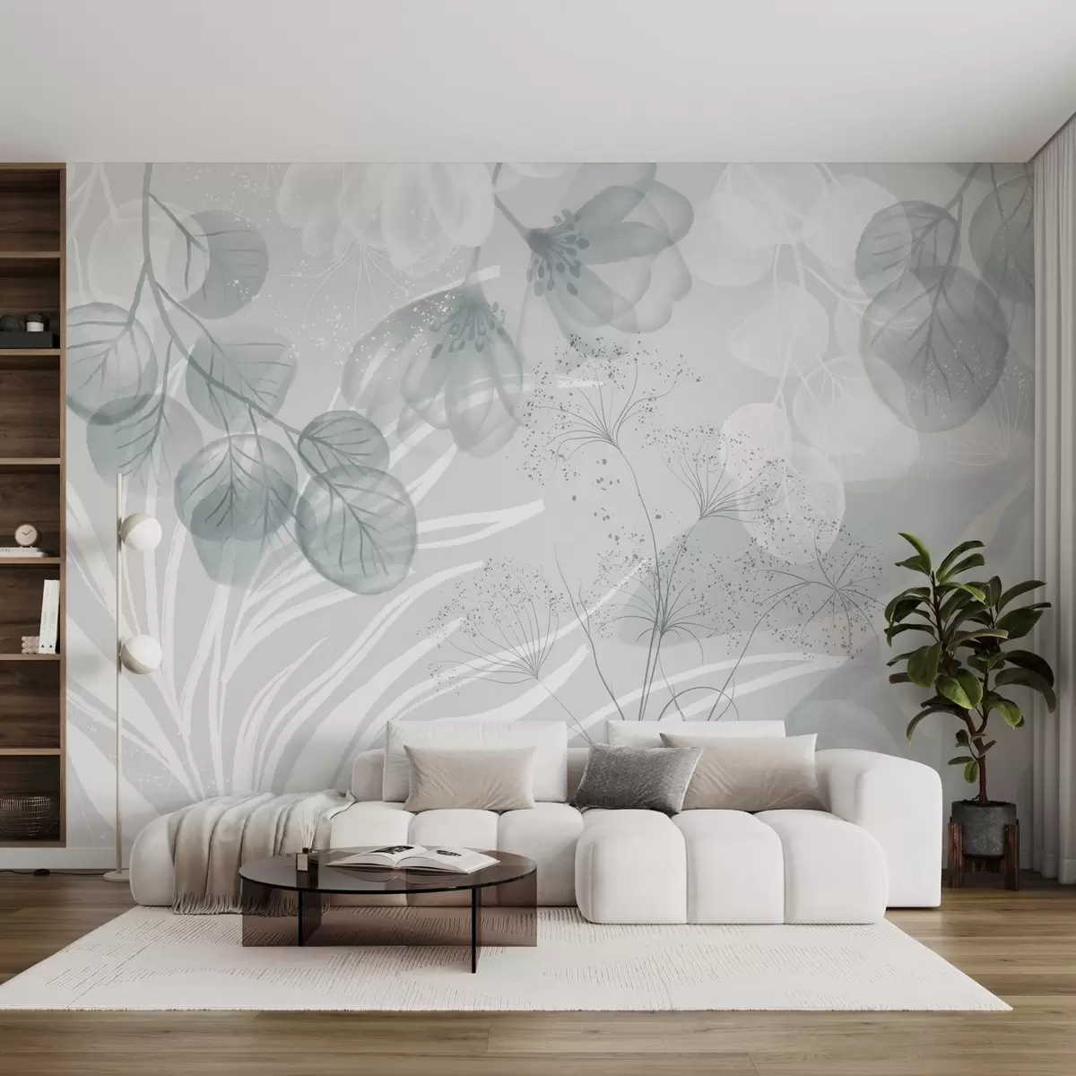 Valokuvatapetti Kukkaisia eucaliptus elementtejä sinisen ja valkoisen sävyissä, joissa on päällekkäisiä lehtiä ja terälehtiä minimalistiseen tyyliin w08599