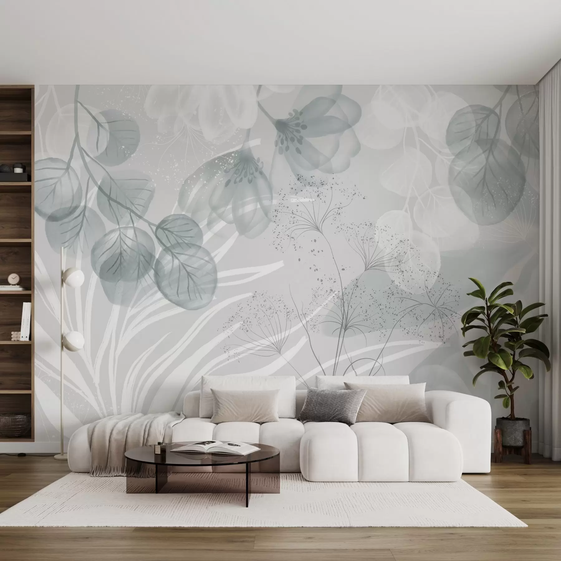 Valokuvatapetti Kukkaisia eucaliptus elementtejä sinisen ja valkoisen sävyissä, joissa on päällekkäisiä lehtiä ja terälehtiä minimalistiseen tyyliin w08599