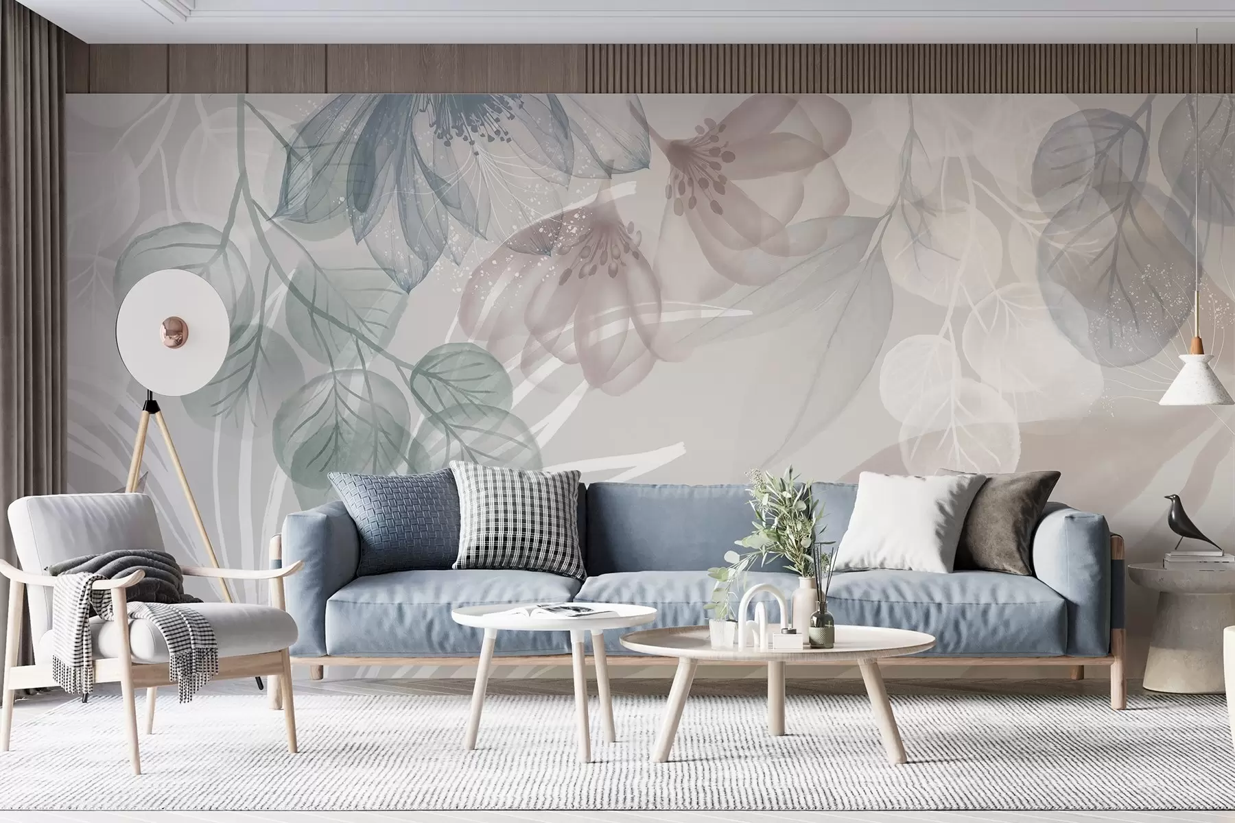 Valokuvatapetti Pastellivärinen kukkaprintti, jossa on läpinäkyviä suuria abstrakteja kukkia ja lehtiä harmaan, vaaleanpunaisen ja vihreän sävyissä w08600