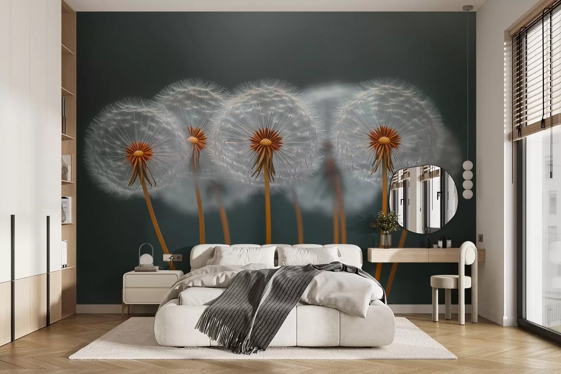 Valokuvatapetti Ilmavia voikukkia tummaa luonnollista taustaa vasten w08498