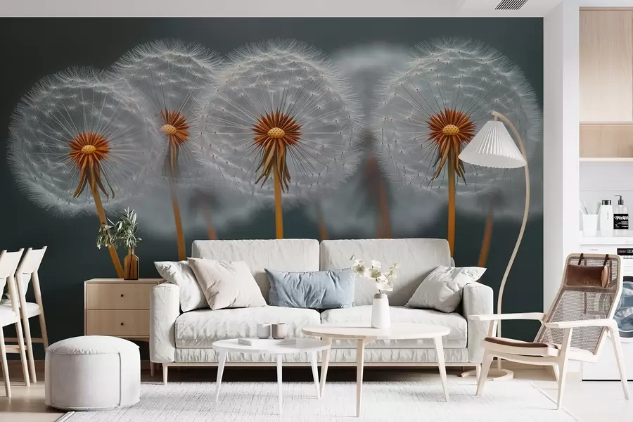 Valokuvatapetti Ilmavia voikukkia tummaa luonnollista taustaa vasten w08498