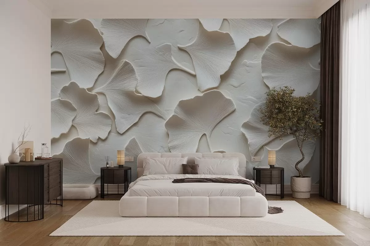 Valokuvatapetti Stukki, jossa on herkkä kohokuviointi ginkgolehdistä valkoisella pohjalla w08560v1